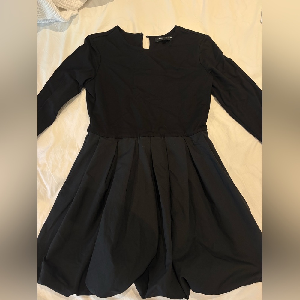 English Factory Black Long-Sleeve Pleated Fit-and-Flare Dress